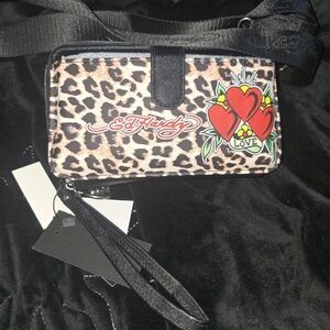 Ed Hardy Leopard Print Wristlet with Heart and Love Design